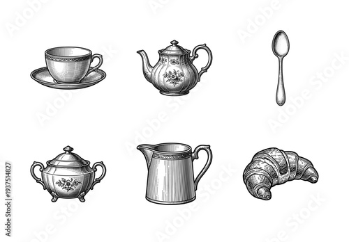 Vintage tea set collection featuring hand drawn engraving style teapot cup saucer sugar bowl milk jug and croissant