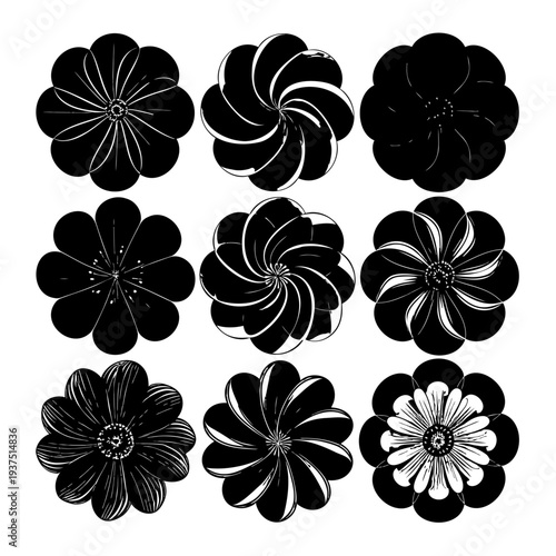 Black and White Floral Icons Set.