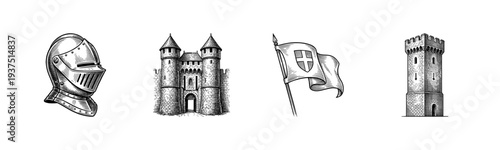 Medieval era sketches collection featuring knight helmet castle gate heraldic flag and fortress tower in vintage engraving style