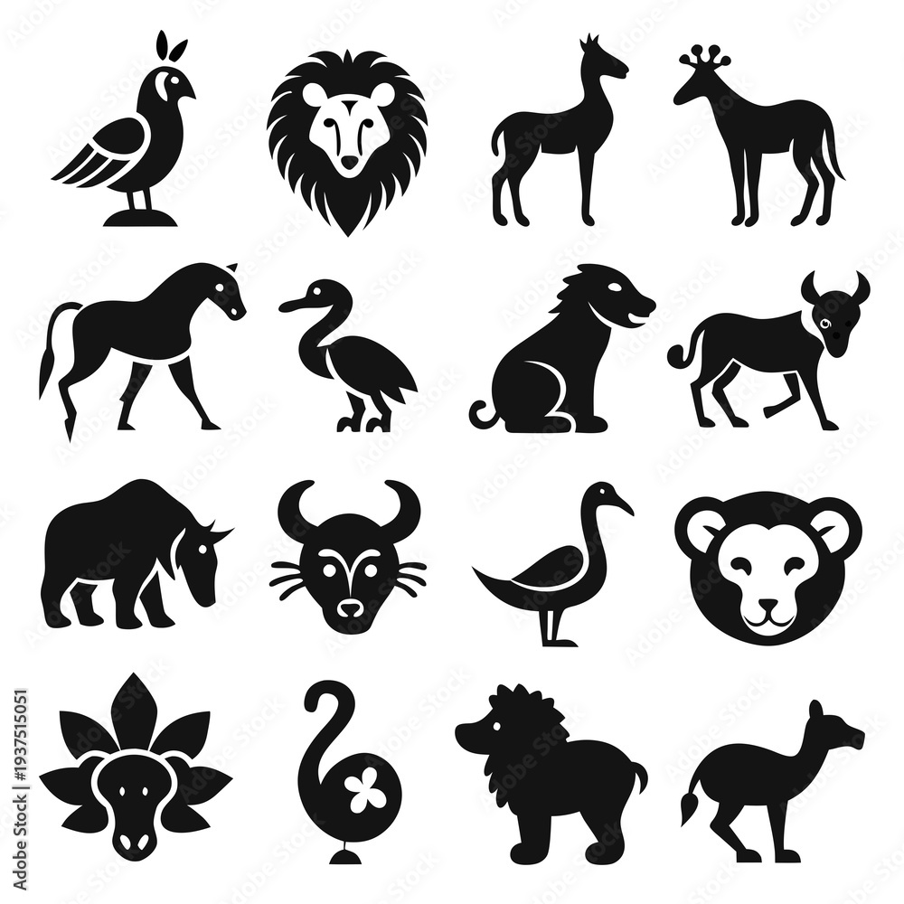 Naklejka premium Collection of black animal icons on a white background