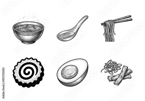 Vintage engraving style ramen noodle soup collection featuring broth bowl spoon chopsticks narutomaki boiled egg and garnishes