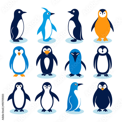 Vector graphic with an array of diverse penguin icons