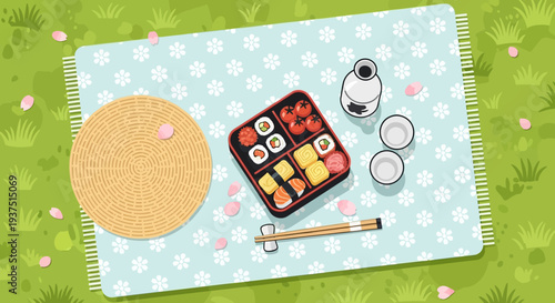 Japanese Picnic Bento Box with Sake