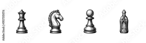 Set of four vintage chess piece illustrations featuring the queen, knight, pawn, and bishop in a detailed woodcut engraving style.