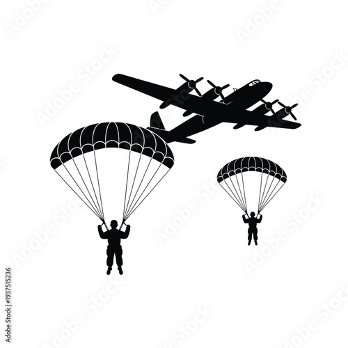 Black silhouette of a bomber plane with parachuting soldiers below