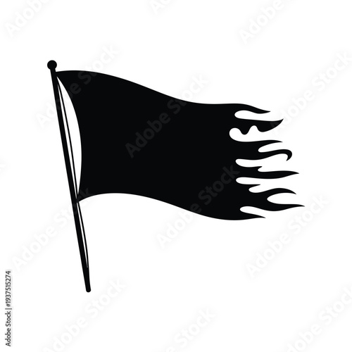 A stark black flag with a jagged flame like edge waving gently