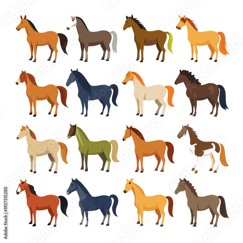 Group of sixteen cartoon horses in various colors
