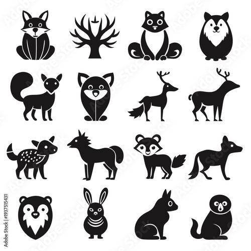 Collection of black and white vector animal silhouettes