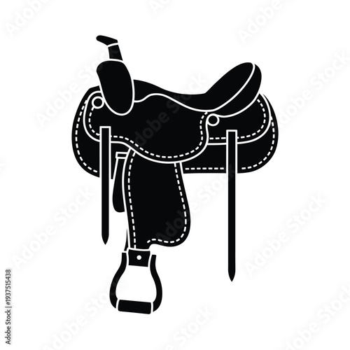 Simple black silhouette of a western saddle with stirrups displayed