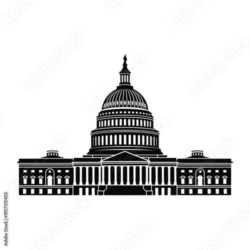 Black and white illustration of the united states capitol building