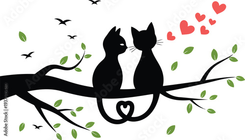Cats in Love Outline Vector Romantic Tree Branch Scene