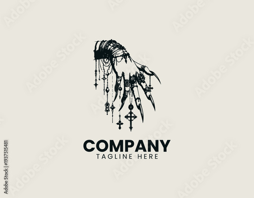 Skeletal clawed hand with hanging cross charms is isolated on plain background professional. Gothic branding concept