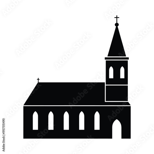 Simple black silhouette of a church with a steeple and crosses