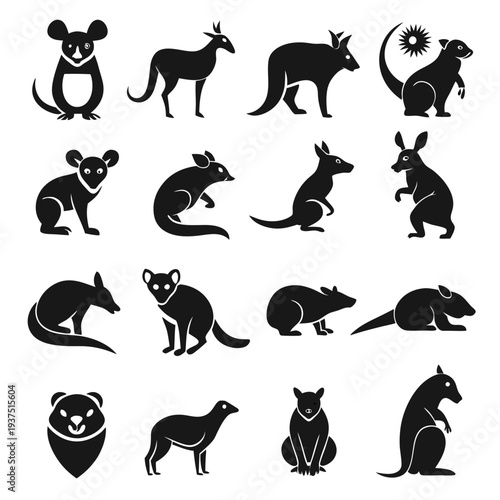 Black and white silhouettes collection of various Australian marsupials