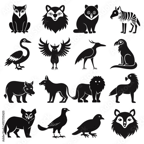 Black and white vector collection of diverse stylized animals