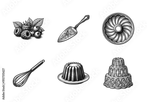 Vintage engraving style collection of baking tools and desserts including bundt cake, whisk, pastry server, and fresh berries