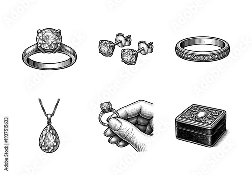 Jewelry collection featuring diamond engagement ring, stud earrings, patterned wedding band, pear pendant, and ornate storage box in vintage woodcut engraving style.