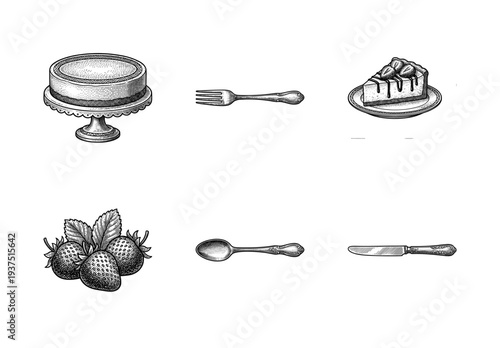 Vintage engraving set of strawberry cheesecake collection including whole cake on stand, sliced portions, fresh berries, and ornate silver cutlery