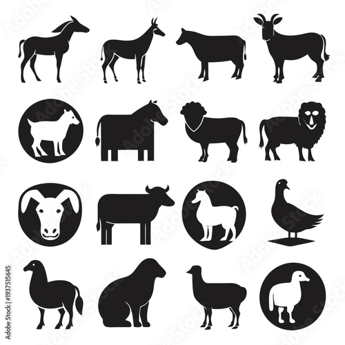 Black and white farm animals vector icons collection