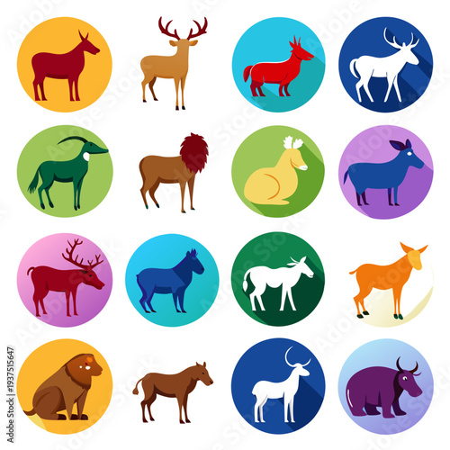 Colorful flat design animals in circles collection vector