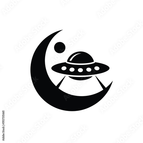 Stylized depiction of a flying saucer near a crescent moon