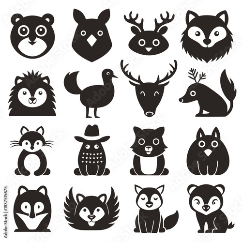 Collection of diverse animal icons in simple monochrome style