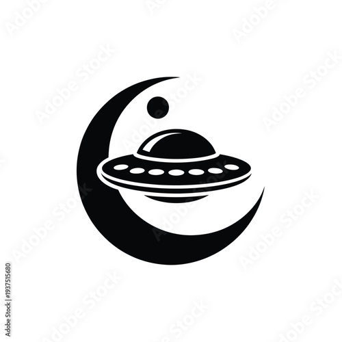 A sleek black ufo flies near a crescent moon in space