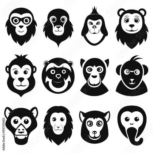 Collection of stylized monkey faces and bear face vector