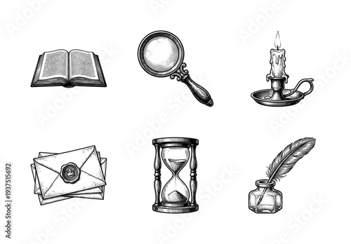Vintage collection of monochrome hand drawn illustrations including book, magnifying glass, candle, letter, hourglass, and inkwell with quill