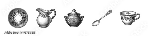 Vintage tea set collection with floral engravings featuring a saucer, milk jug, sugar bowl, spoon, and teacup in a classic woodcut line art style