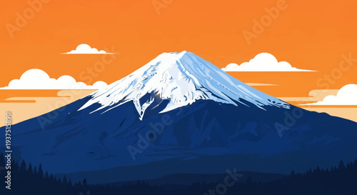 Pixel Art Mount Fuji Snow Peak Orange Sky