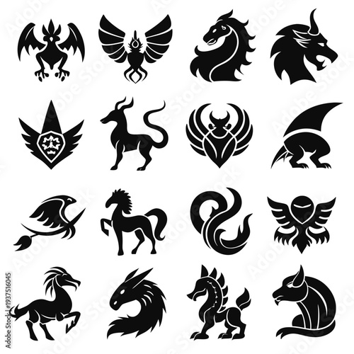 Collection of various fantastic beasts in black silhouette style