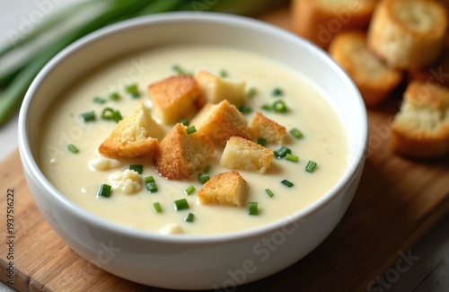 Creamy cauliflower soup with crunchy croutons and fresh chives served in white bowl. Warm vegetable dish with smooth texture, light color. Delicious healthy comfort food.