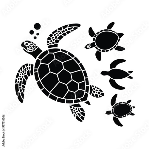 Black and white illustration of sea turtles in various sizes and poses