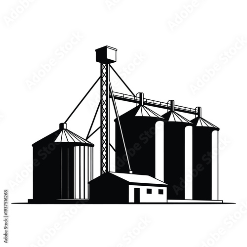 Black and white illustration of an industrial grain elevator complex