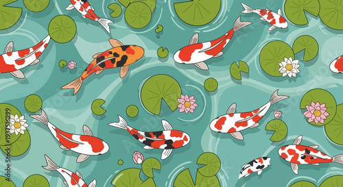 Koi fish swimming in pond with lily pads