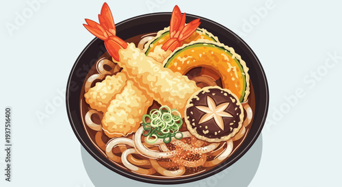 Udon Noodles with Shrimp Tempura and Vegetables