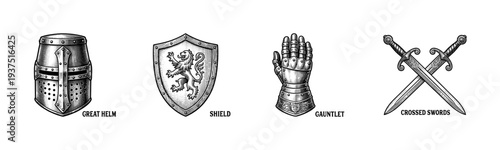 Medieval knight armor and weaponry set featuring a great helm, heraldic lion shield, armored gauntlet, and crossed swords in a detailed vintage woodcut engraving style.