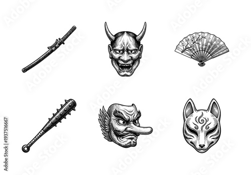 Japanese cultural and mythological icons set featuring hannya mask tengu kitsune katana kanabo and folding fan in vintage woodcut etching style