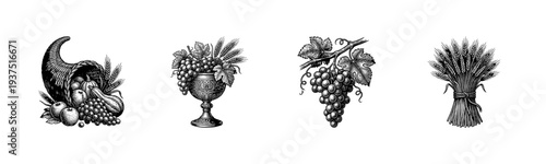 Vintage engraving collection of harvest symbols including cornucopia, wine chalice, grape cluster, and wheat bundle in a classic woodcut style.