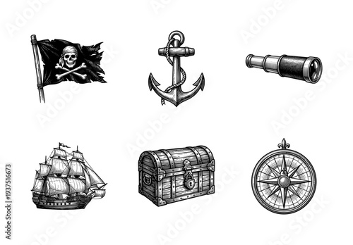 Vintage nautical and pirate illustration set featuring a black flag, anchor, telescope, sailing ship, treasure chest, and compass rose in woodcut engraving style.