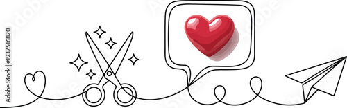 Continuous Line Cut Icons Set Scissors, Paper Plane, Ribbon and Heart Speech Bubble