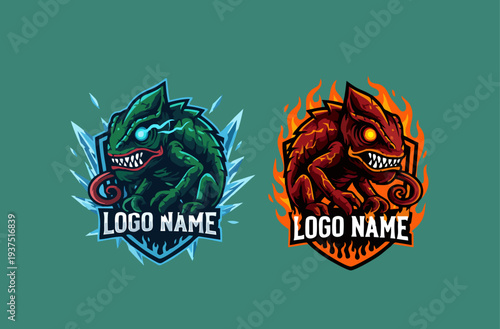 two chameleon logo mascot fire and ice, esport logo