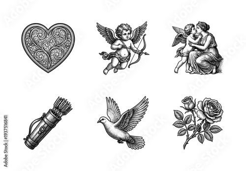 Set of vintage romantic woodcut illustrations featuring a decorative heart, cherub cupid, goddess, quiver of arrows, dove, and rose flowers