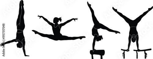 Professional Gymnast Silhouette Vector Illustration Set Featuring Female Athletes Performing Handstands Splits and Balance Exercises for Sports and Fitness Design