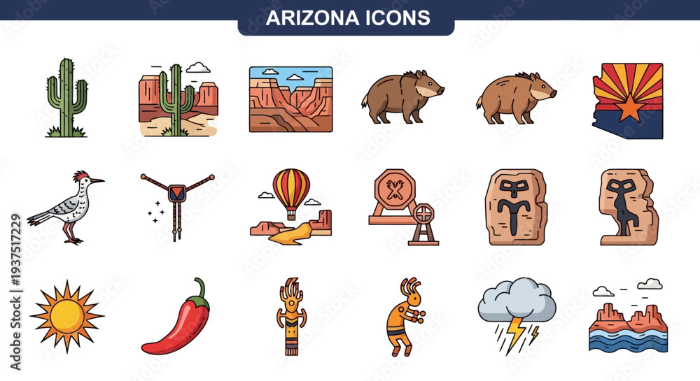 Obraz premium Arizona Icons A Collection of State Symbols, Wildlife, and Landmarks for Design Projects