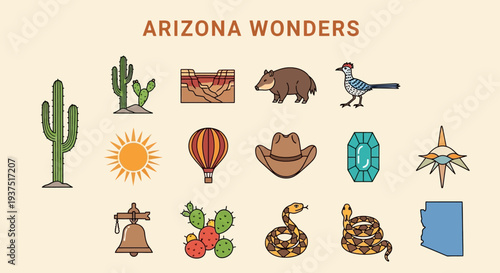 Vibrant vector icon collection capturing the essence of Arizona's diverse wonders, featuring desert flora, native fauna, cultural symbols, and iconic landscapes in a playful, illustrative style