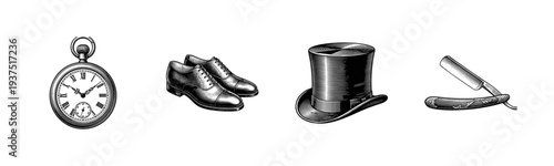 Vintage mens fashion and grooming accessories collection in classic woodcut engraving style featuring pocket watch oxford shoes top hat and straight razor.