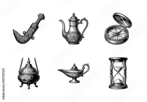 Vintage collection of Middle Eastern cultural artifacts and antique exploration tools in a detailed black and white engraving style.