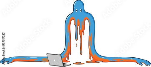 Melting Character over Laptop Burnout and Stress Vector